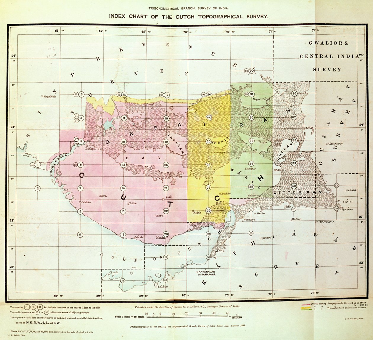 Indexkaart van de Cutch topografische survey door de trigonometrische afdeling, Survey of India, Dehra Dun, november 1884 door English School
