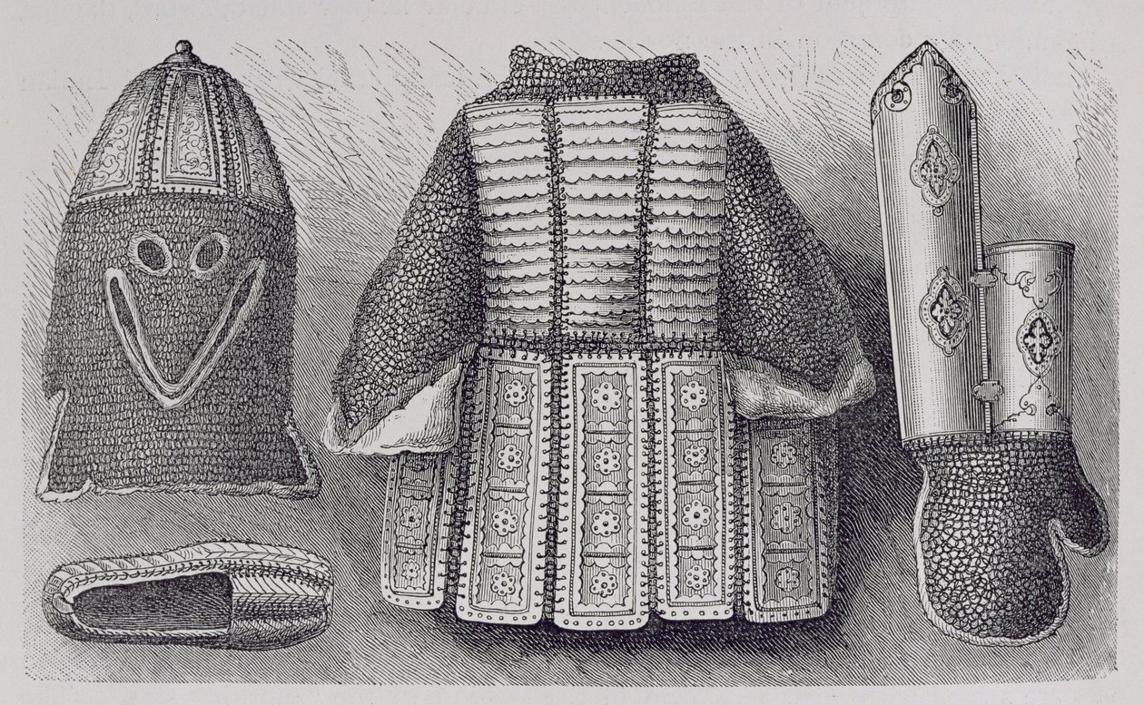 Indiase wapenrusting bestaande uit helm, tuniek, handschoenen en schoenen uit Bhuj, uit De Geschiedenis van de Mensheid, Vol.III, door Prof. Friedrich Ratzel, 1898 door English School