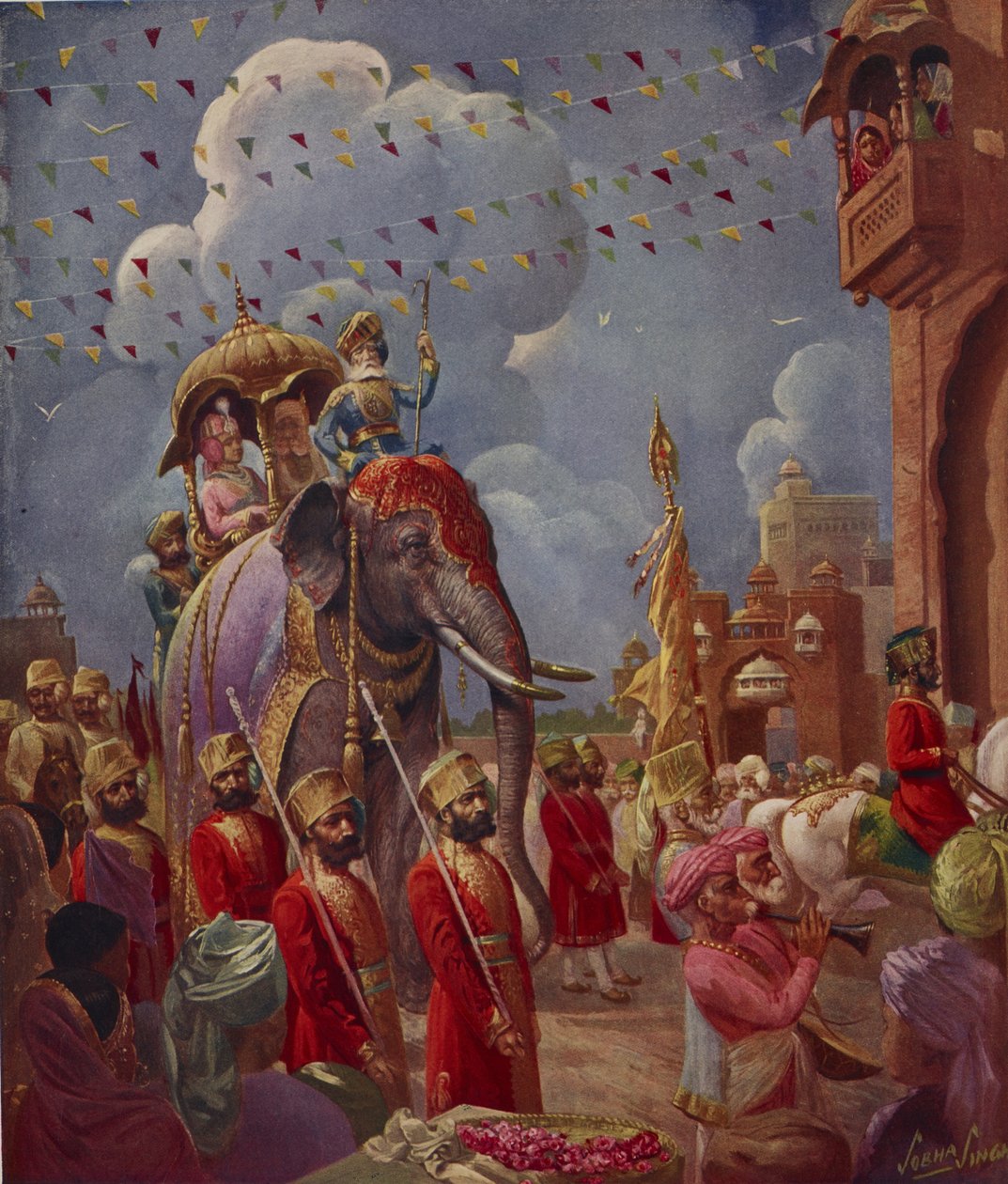 Indiase processie met olifant, schilderij door Sobha Singh, uit de Indiase Bijlage van Illustrated London News door English School
