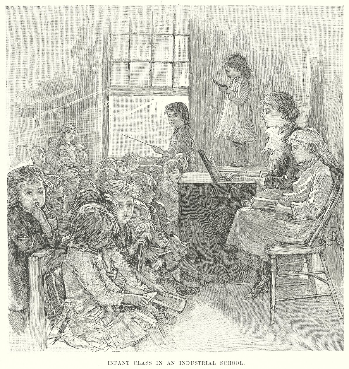 Kleuterklas in een industriële school (gravure) door English School