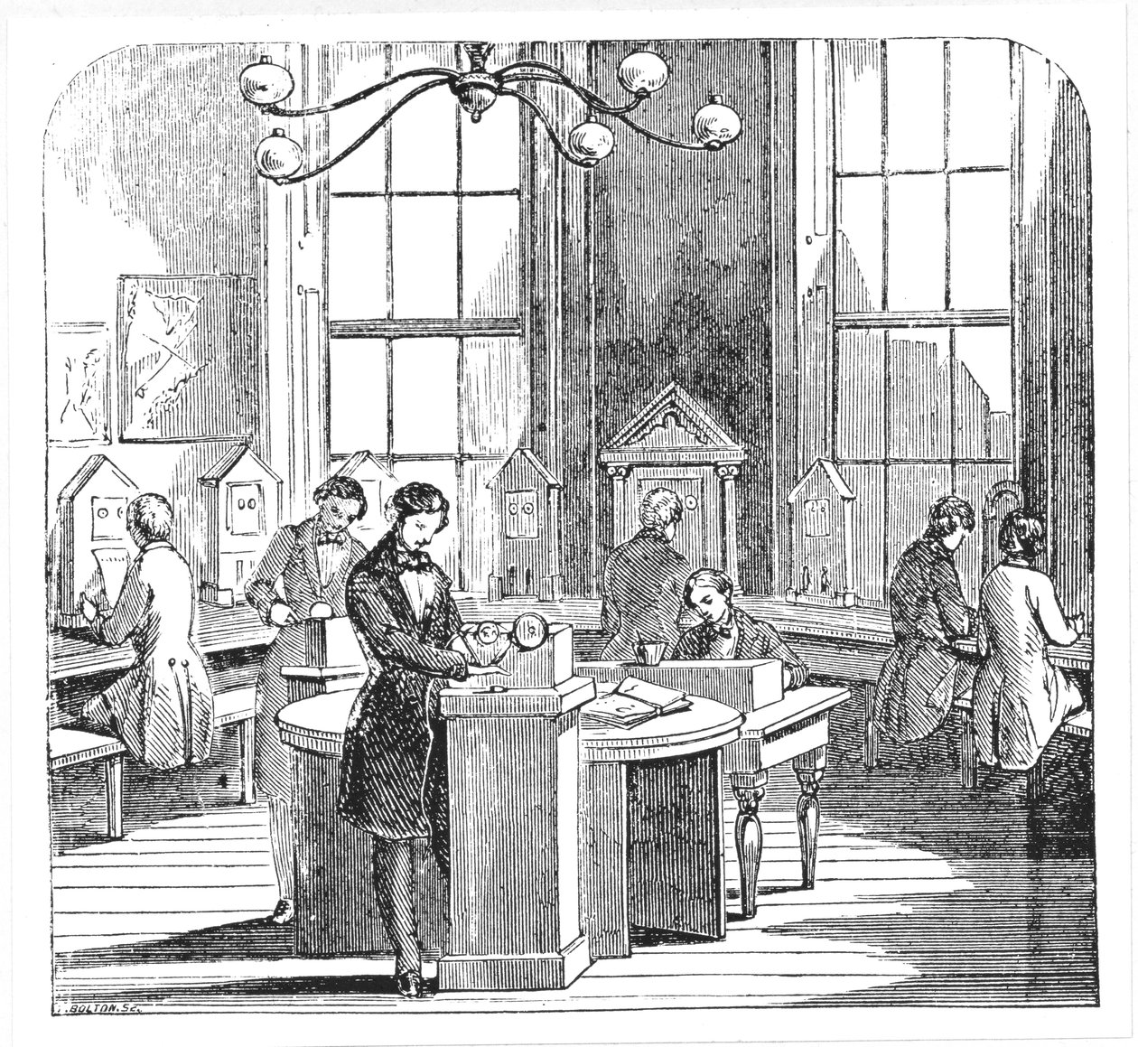 Instrumentenkamer in het Electric Telegraph Office, Lothbury, Londen, uit The Museum of Science and Art door Dionysius Lardner, c.1860 door English School