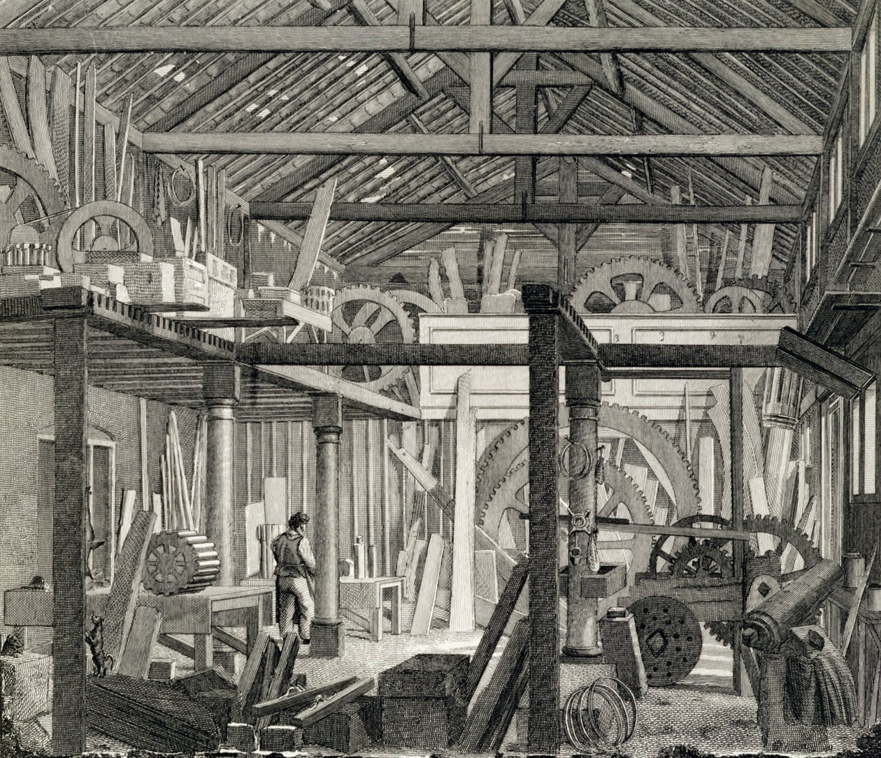 Interieur van John Bunyans Meeting House in Zoar Street, Gravel Lane, Southwark, gebruikt als werkplaats en zagerij door English School