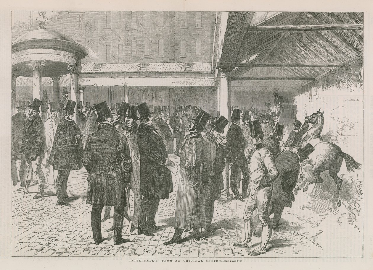 Interieur van veilinghuis Tattersalls (gravure) door English School
