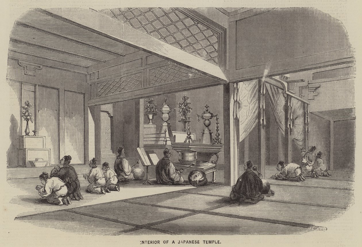 Interieur van een Japanse tempel (gravure) door English School