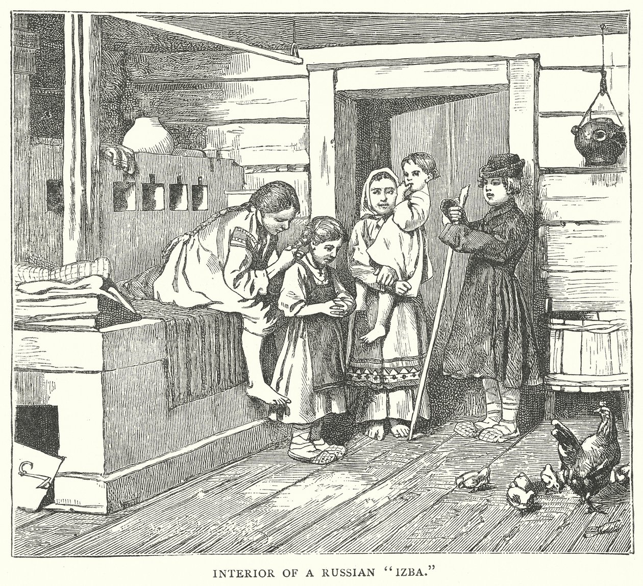 Interieur van een Russische "Izba" (gravure) door English School