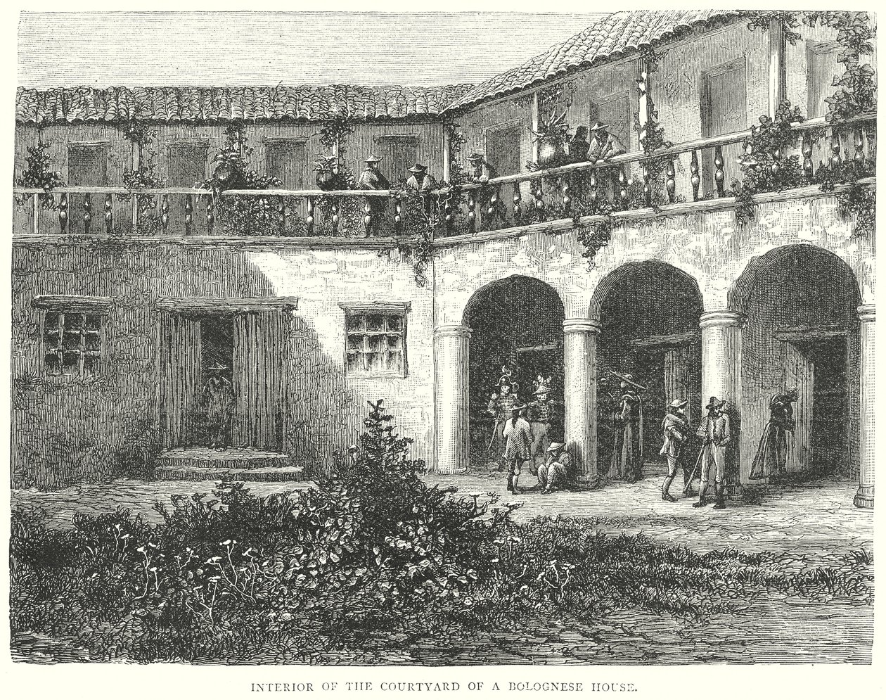 Interieur van de binnenplaats van een Bolognees huis (gravure) door English School