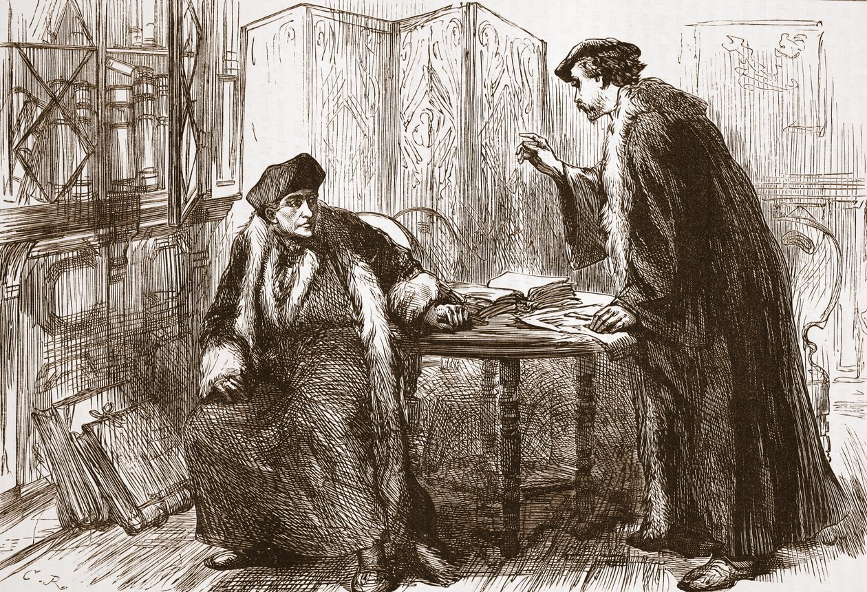 Gesprek tussen Erasmus en Calvijn, illustratie uit De Geschiedenis van het Protestantisme door James Aitken Wylie, gepubliceerd in 1878 door English School