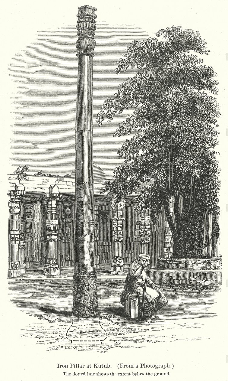 IJzeren pilaar bij Kutub (gravure) door English School