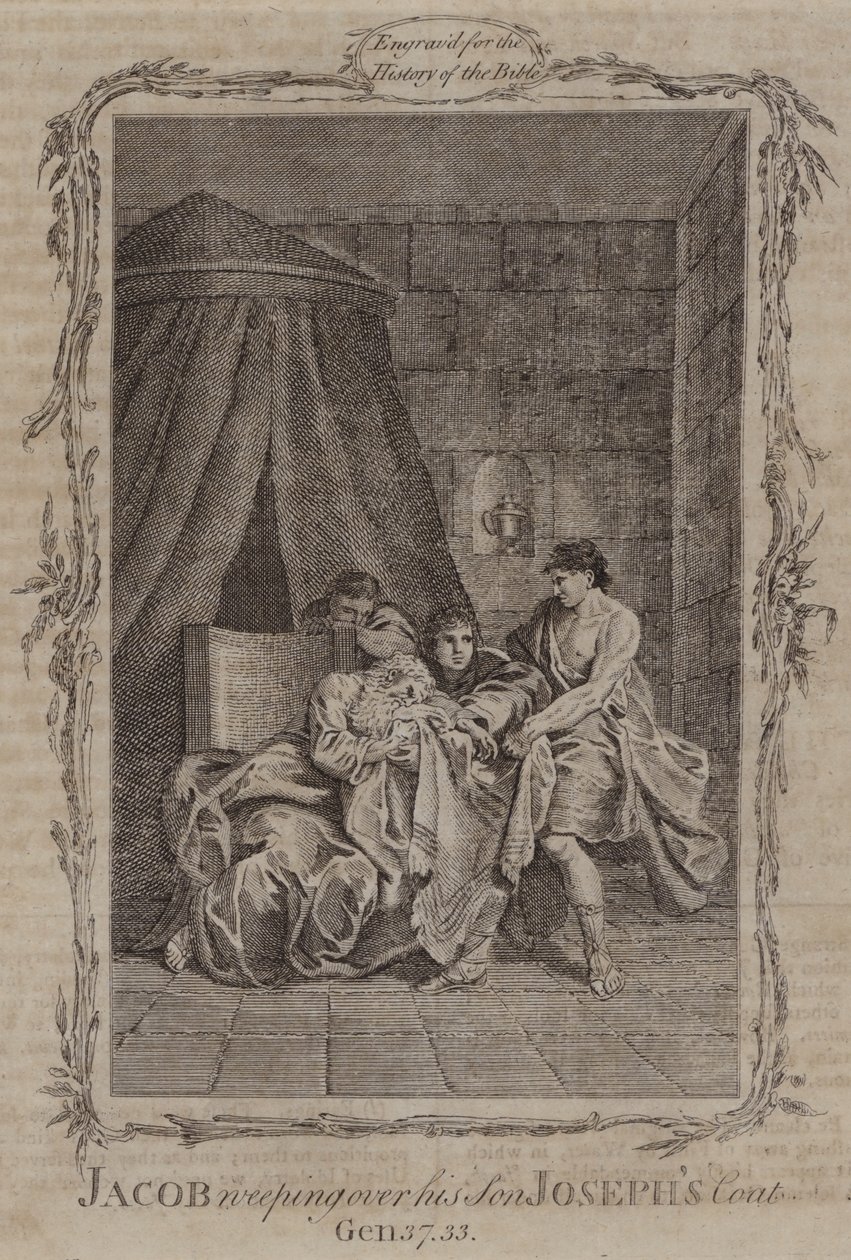 Jakob huilt over de jas van zijn zoon Jozef (gravure) door English School