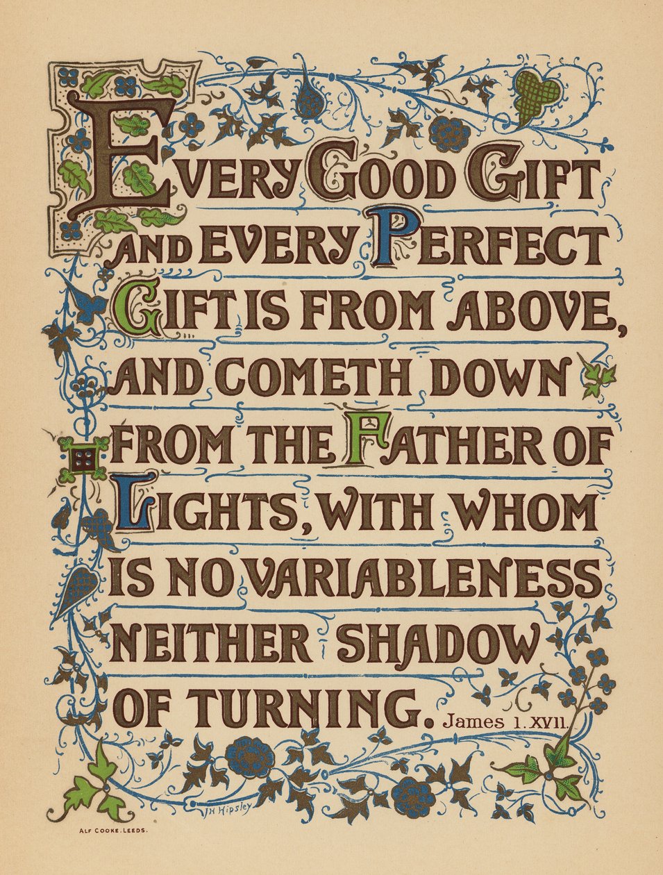 Jakobus 1:17 (kleurenlitho) door English School