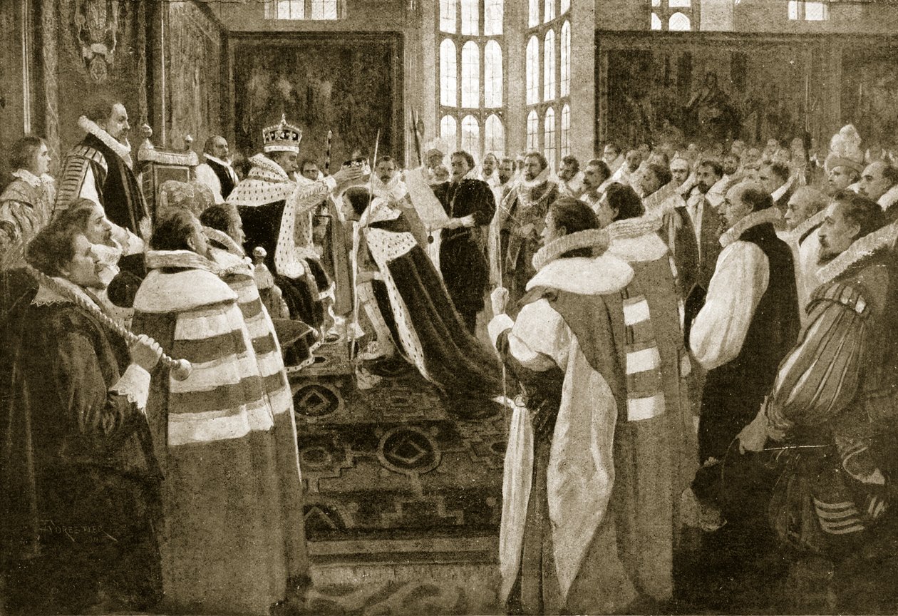 James I investeert zijn zoon Charles als Prins van Wales, 1616, illustratie uit Hutchinsons Story of the British Nation, ca. 1923 door English School