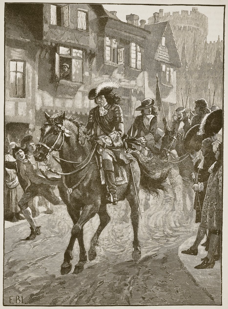 James betreedt Dublin na de Slag aan de Boyne, illustratie uit Cassells Illustrated History of England door English School