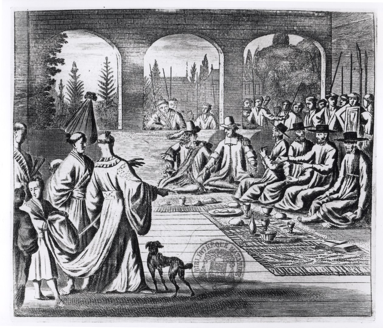 Jezuïeten met Nederlandse en Portugese kooplieden aan het hof van de Japanse Keizer, illustratie uit A Memorable Embassy to the Emperor of Japan door Arnold Montanus, gepubliceerd in Londen 1670 door English School