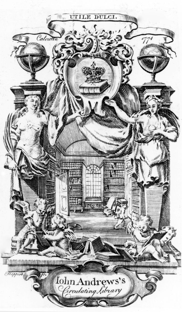 Boekplaat van John Andrews Circulating Library door Joseph Shepperd, uitgegeven in Calcutta, 1774 door English School