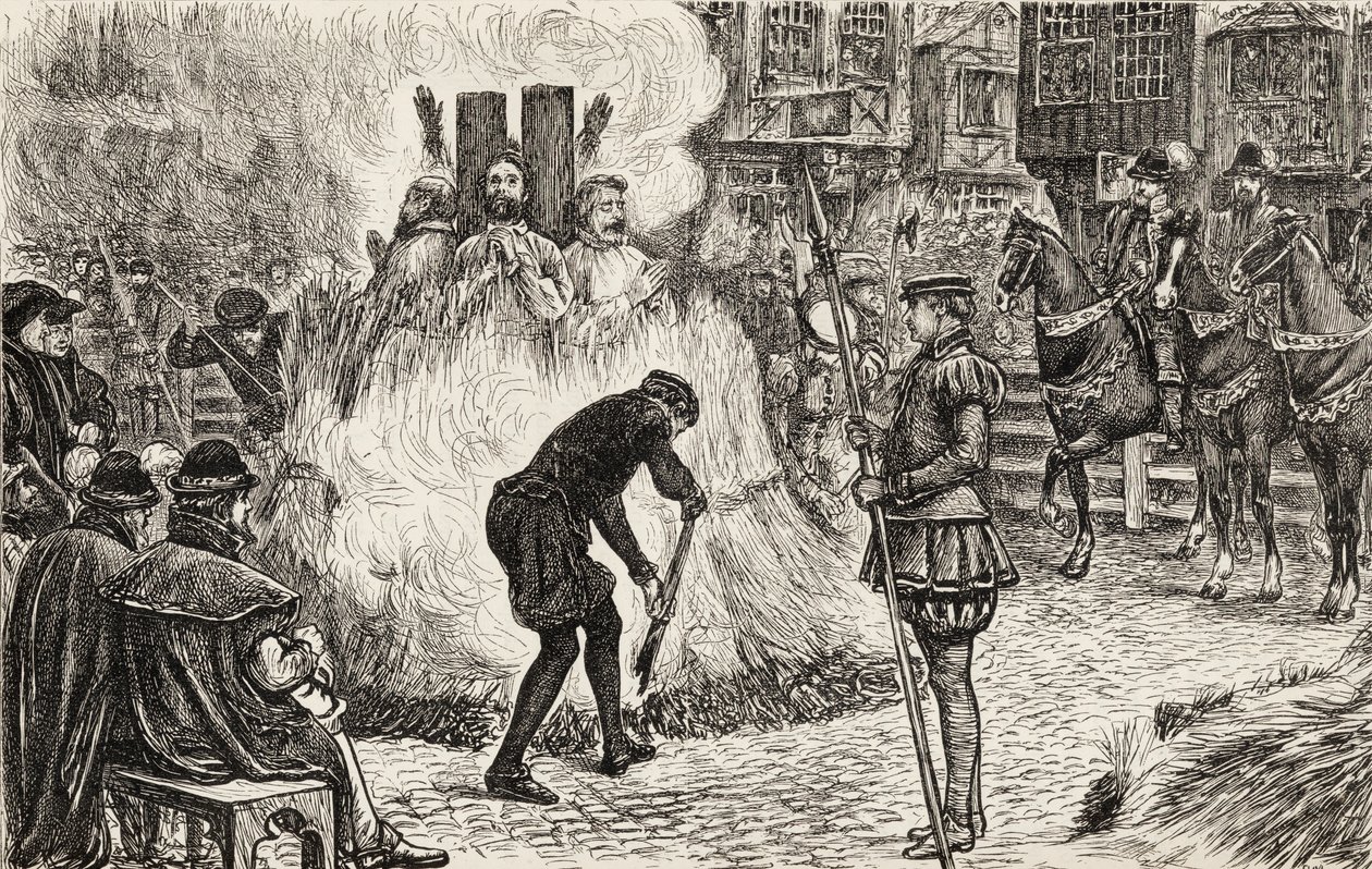 John Bland, John Frankesh, Nicholas Sheterden en Humphrey Middleton levend verbrand wegens ketterij in de 16e eeuw, c.1865 (houtsnede) door English School