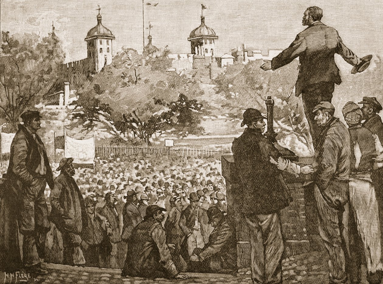 John Burns spreekt een bijeenkomst van dokwerkers toe op Tower Hill, 1889, illustratie uit Cassells Geïllustreerde Geschiedenis van Engeland door English School