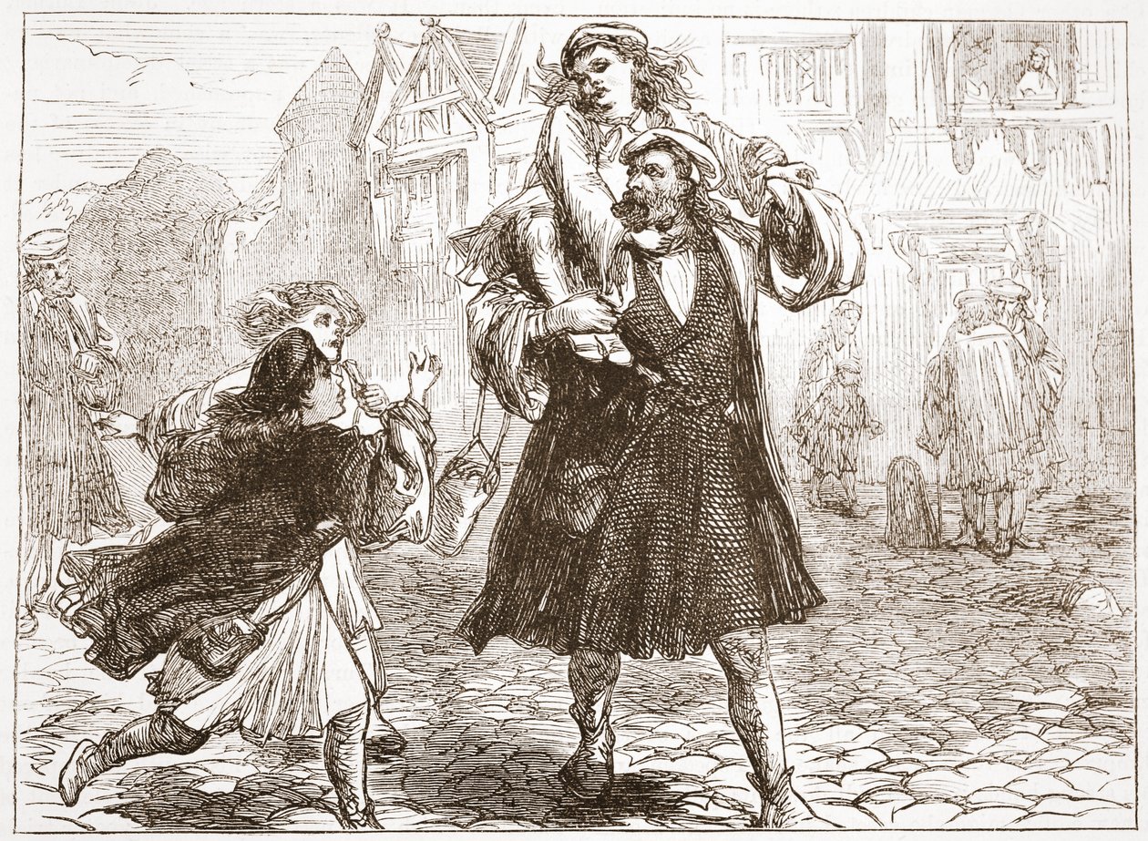 John Luther die zijn zoon naar school brengt, illustratie uit The History of Protestantism door James Aitken Wylie (1808-1890), gepubliceerd 1878 door English School