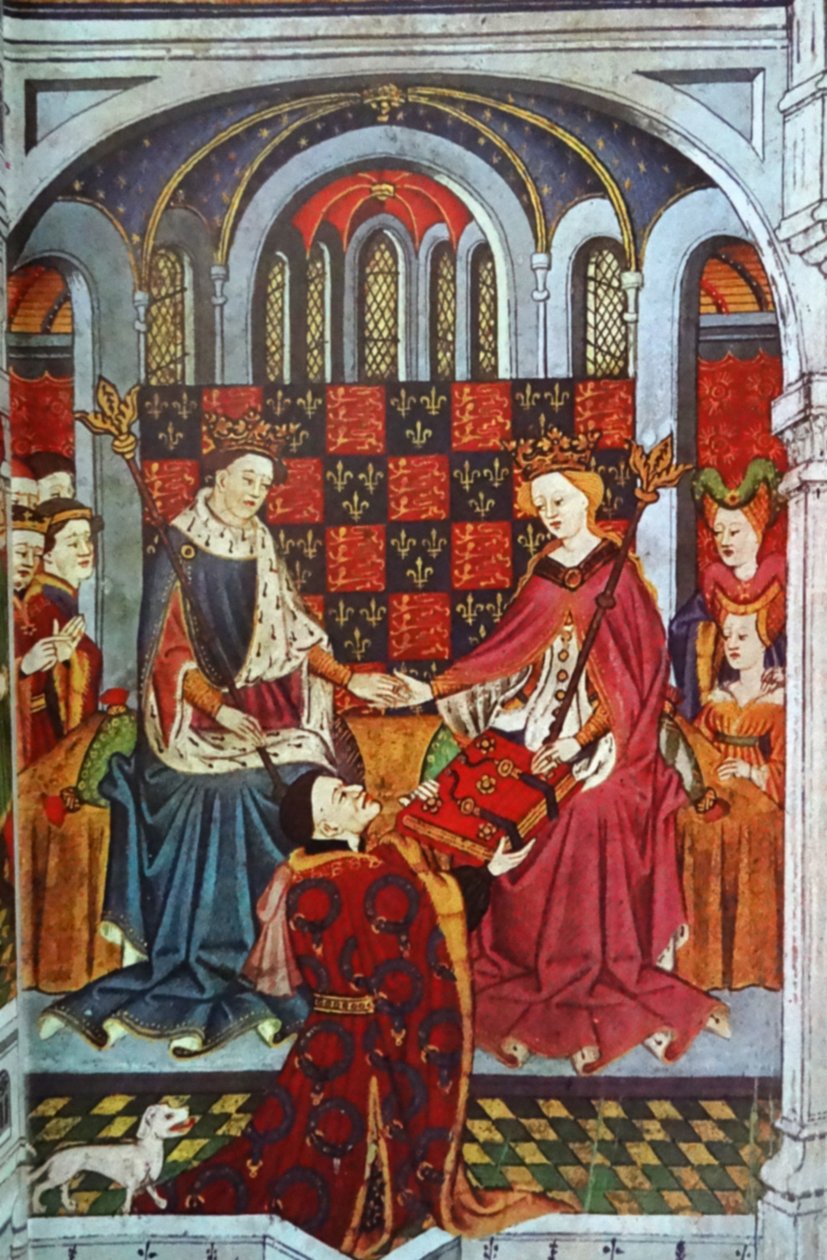 John Talbot, graaf van Shrewsbury presenteert een boek aan Hendrik VI en Margaretha van Anjou (perkament) door English School