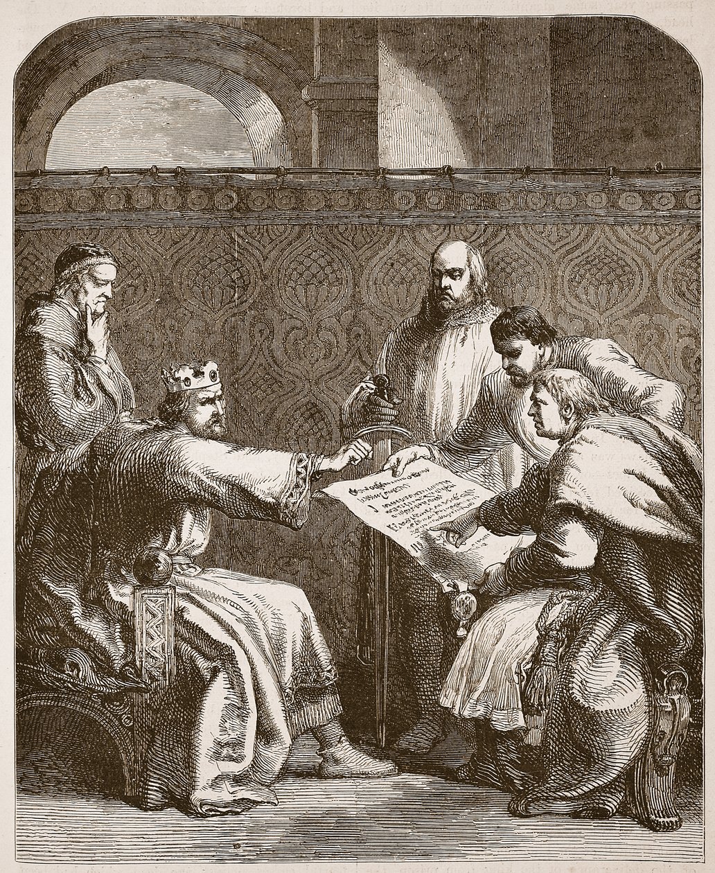 John die weigert de artikelen van de baronnen te ondertekenen, illustratie uit Cassells Illustrated History of England door English School