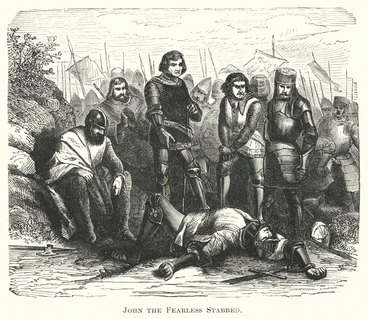 Johannes de onverschrokkene neergestoken (gravure) door English School