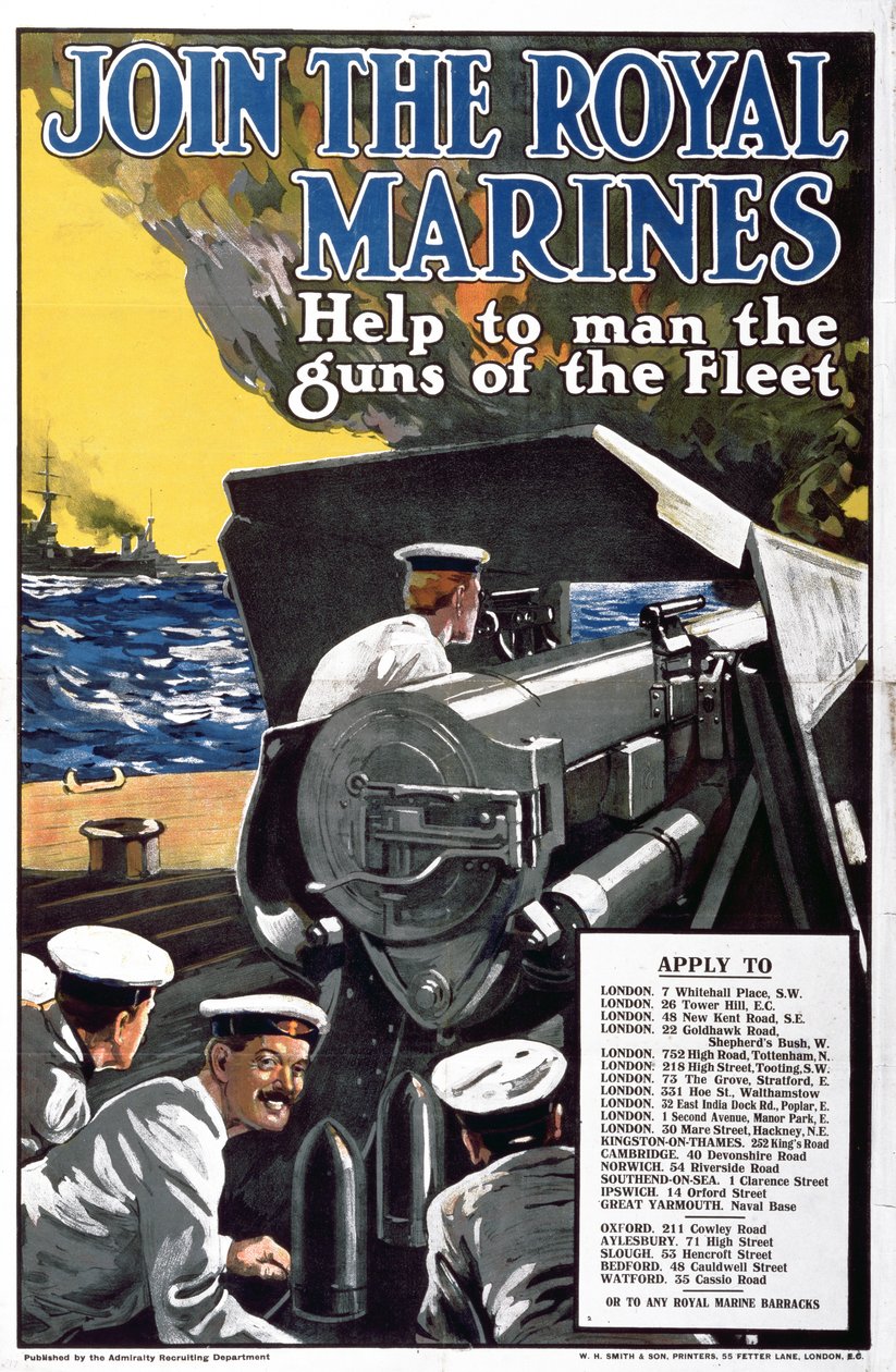 Word lid van de Royal Marines - Help de kanonnen van de vloot te bemannen, Eerste Wereldoorlog wervingsposter door English School