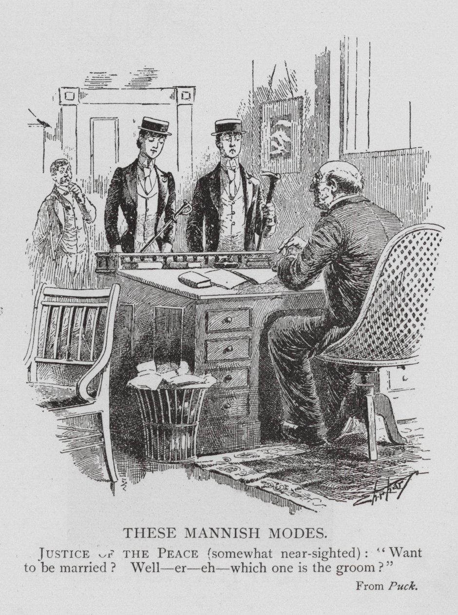 Vrederechter heeft moeite de bruid van de bruidegom te onderscheiden door mannelijke mode (gravure) door English School