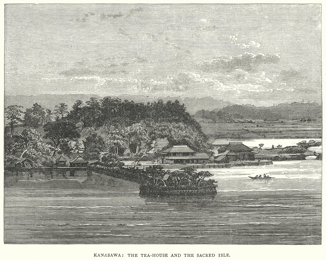 Kanasawa: Het theehuis en het heilige eiland (gravure) door English School