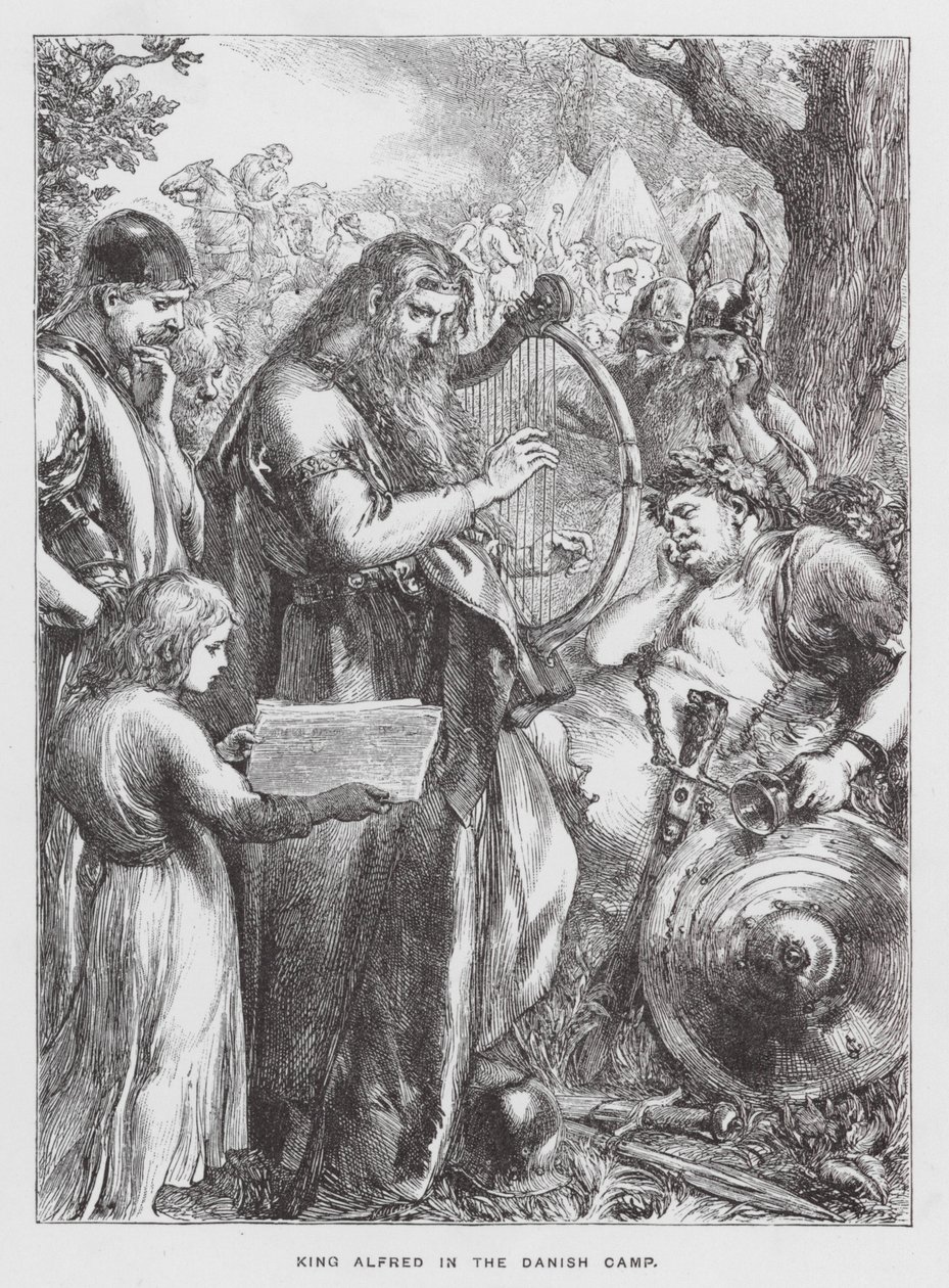 Koning Alfred in het Deense kamp (gravure) door English School