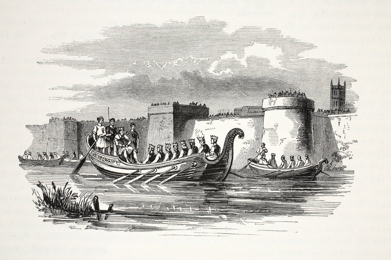 Koning Edgar geroeid door acht koningen op de rivier Dee, 19e eeuw door English School