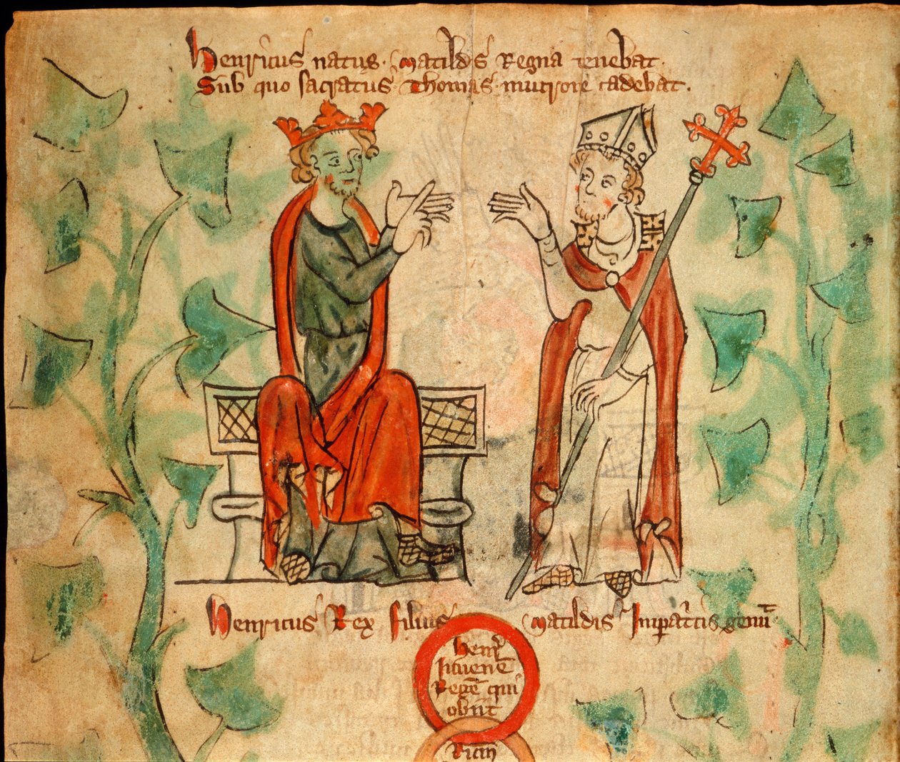 Koning Hendrik II zittend op de troon, ruziënd met Thomas Becket, illustratie uit de 