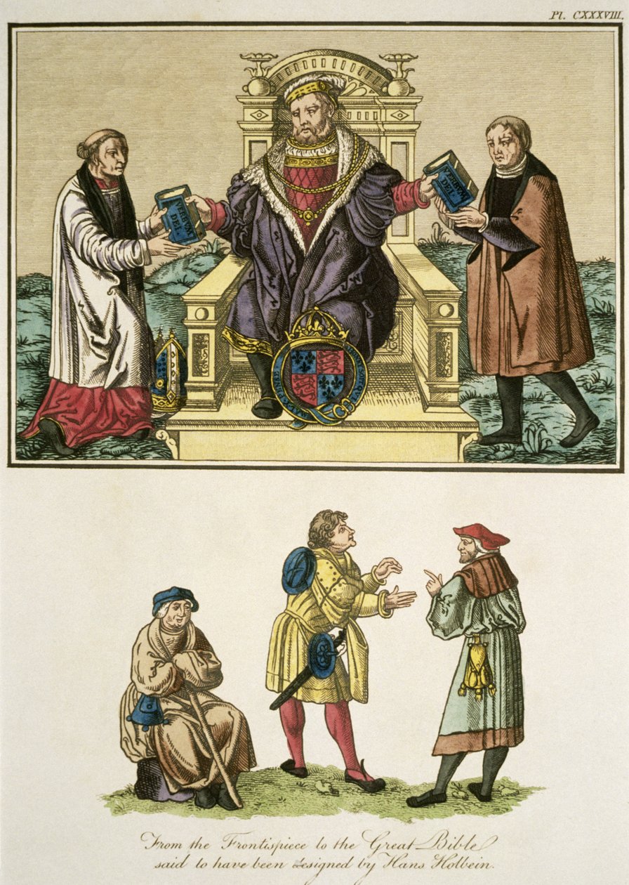 Koning Hendrik VIII (1491-1547) van de frontispice van de Grote Bijbel, naar verluidt ontworpen door Hans Holbein, illustratie uit The Complete View of the Dress and Habits of the People of England Volume II, gepubliceerd 1799 door English School