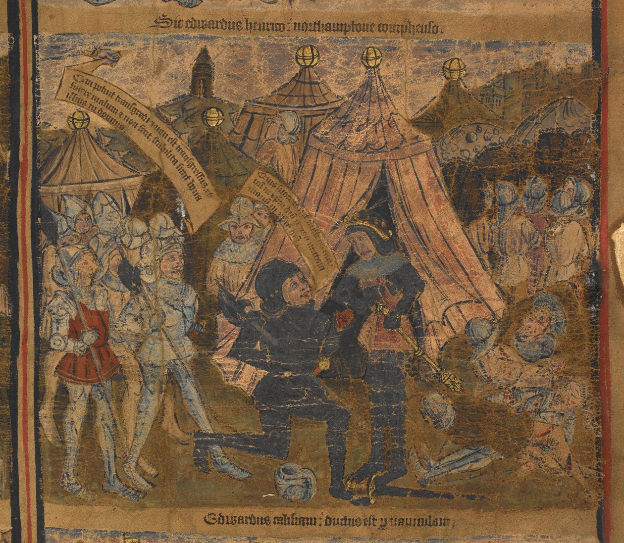 Koning Hendrik VI gevangen genomen na de slag bij Northampton in 1460 door Edward van York (later koning Edward IV) en de graven van Warwick en Salisbury, illustratie uit 