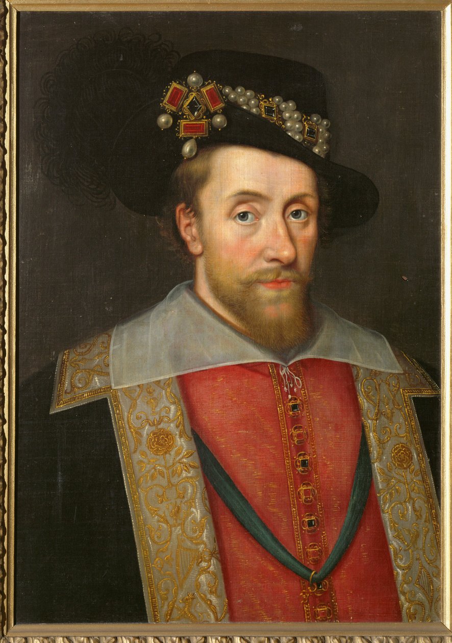 Koning James I van Engeland en Schotland ... (schilderij op doek) door English School