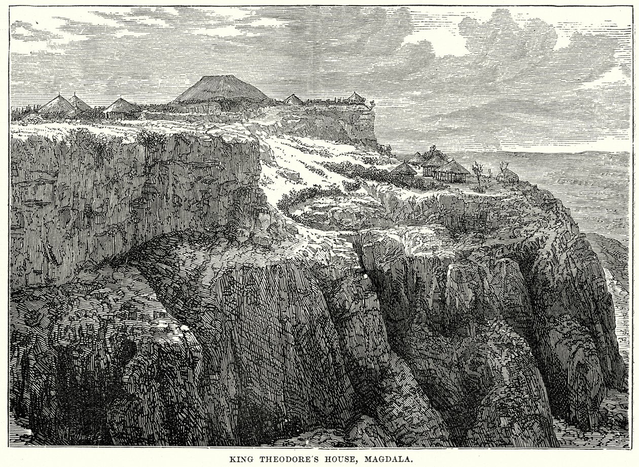Het huis van koning Theodore, Magdala (gravure) door English School