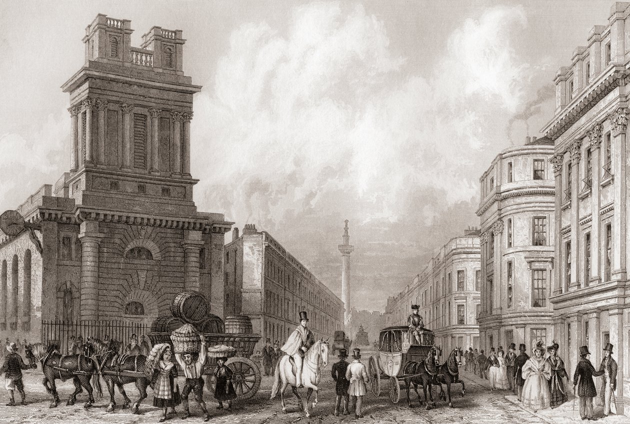 King William Street en St Mary Woolnoth, Londen, Engeland door English School