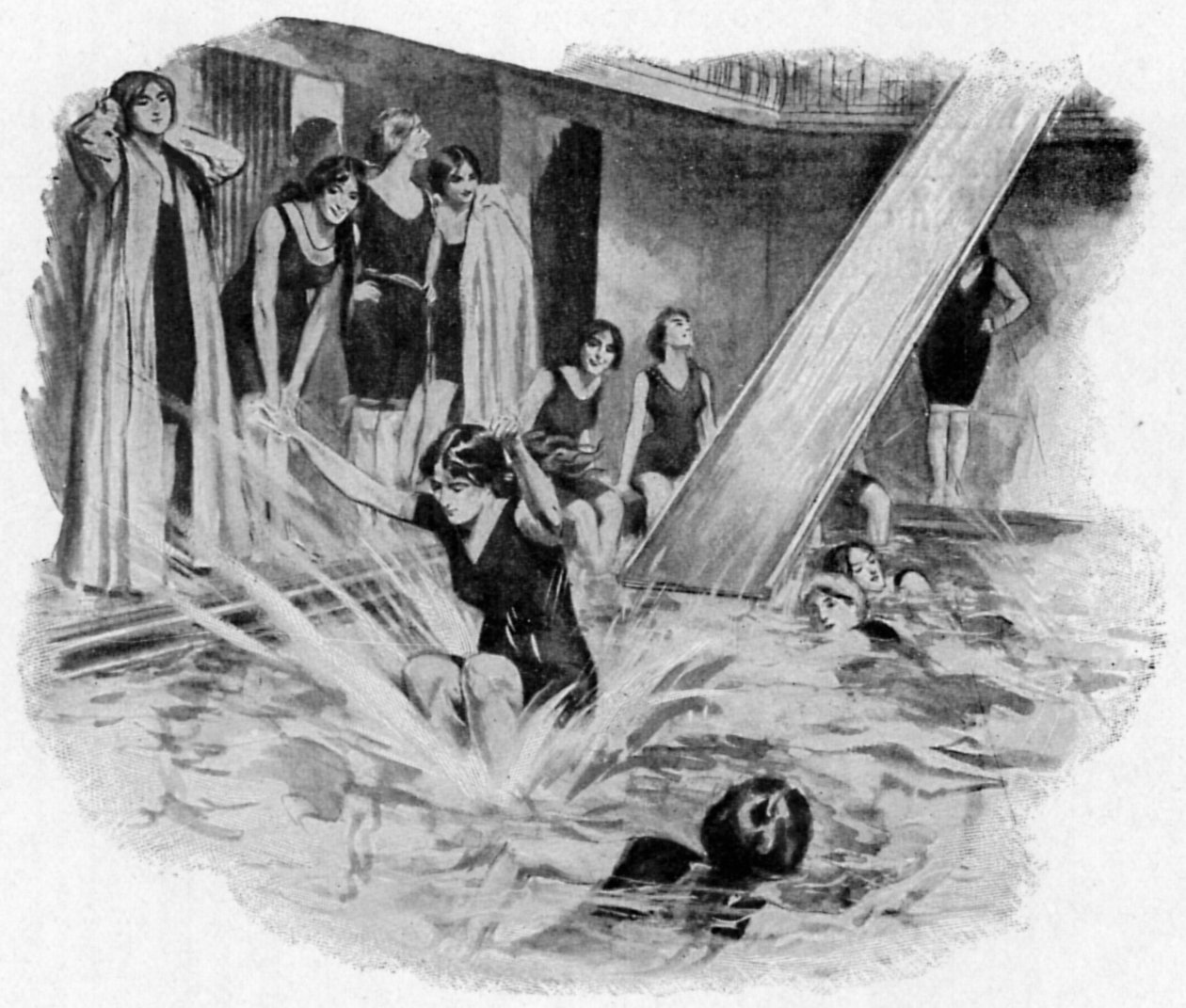 Dames die de parachute gebruiken (Bath Club) (litho) door English School