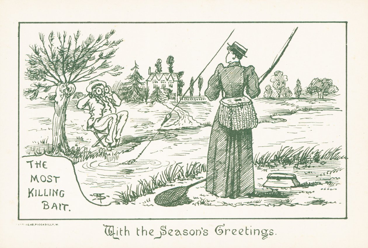 Dame aan het vissen gadegeslagen door heer, kerstkaart (chromolitho) door English School