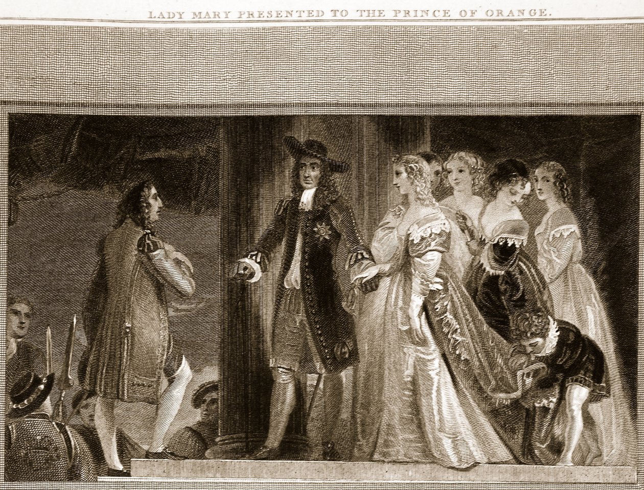 Lady Mary gepresenteerd aan de Prins van Oranje, illustratie uit David Humes The History of England, uitgegeven door R. Bowyer, Londen, 1812 door English School