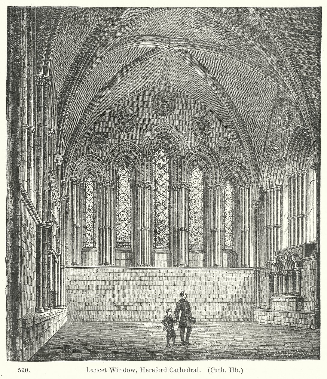 Lancetvenster, kathedraal van Hereford (gravure) door English School