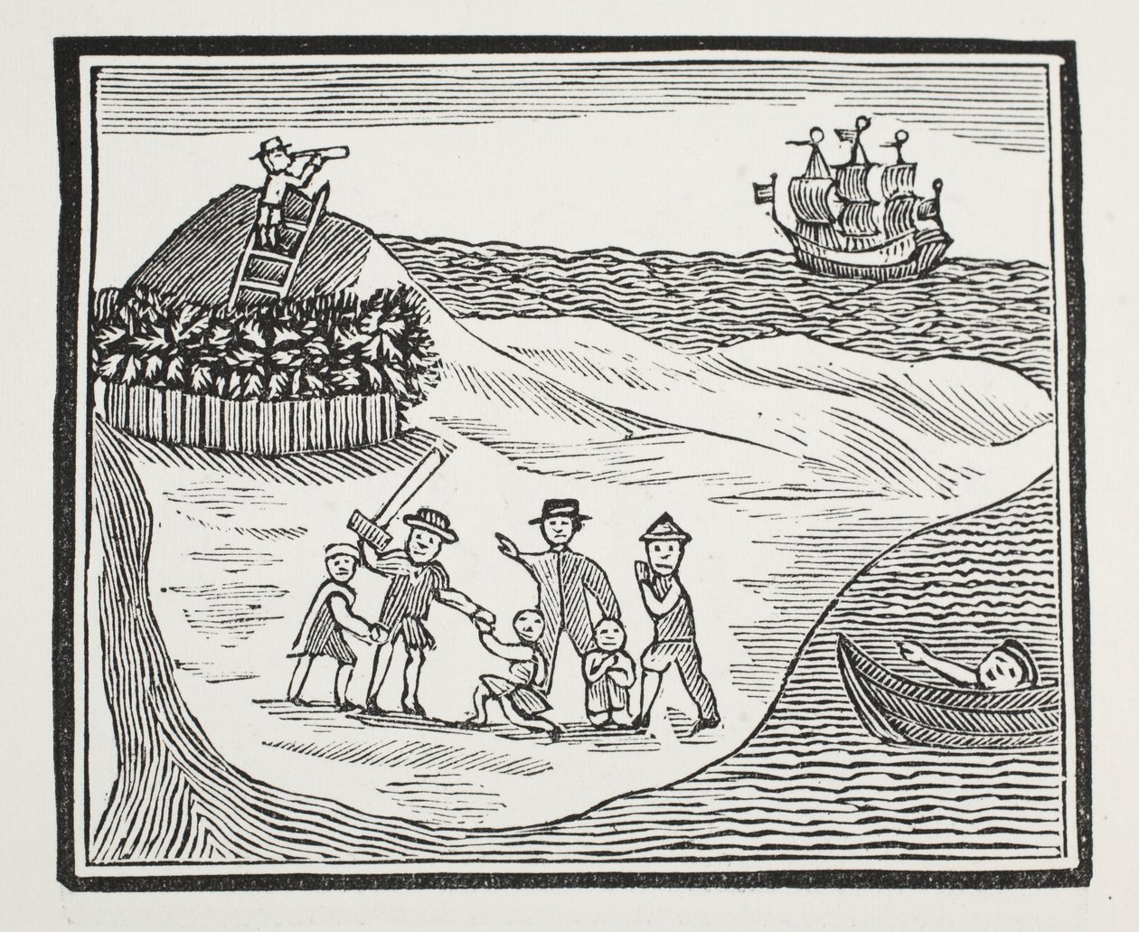 Landing van muitende bemanning op eiland, illustratie uit Chap-books van de achttiende eeuw door John Ashton, uitgegeven 1882 door English School