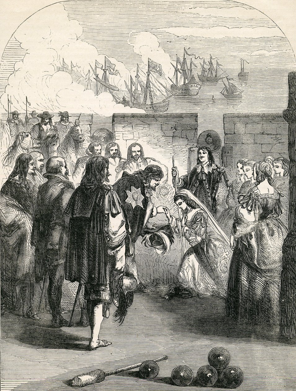 Aankomst van Prinses Henrietta (illustratie uit John Cassells Geïllustreerde Geschiedenis van Engeland) door English School