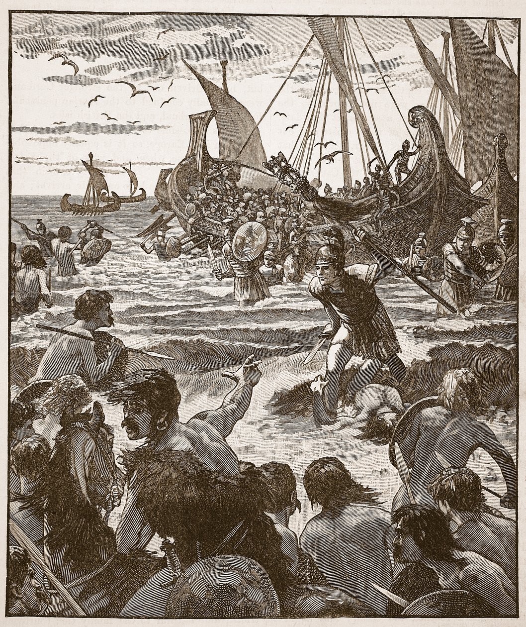Landing van de Romeinen aan de kust van Kent, illustratie uit Cassells Illustrated History of England door English School