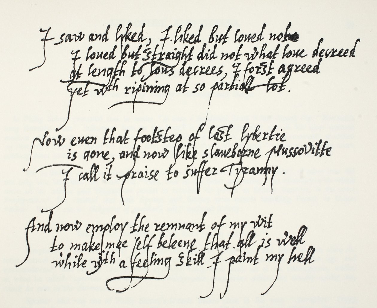 Laatste tien regels van Sir Philip Sidneys Astrophel sonnet die beschrijven hoe hij geleidelijk, en te laat, zijn eigen gevoelens over Stella realiseerde door English School