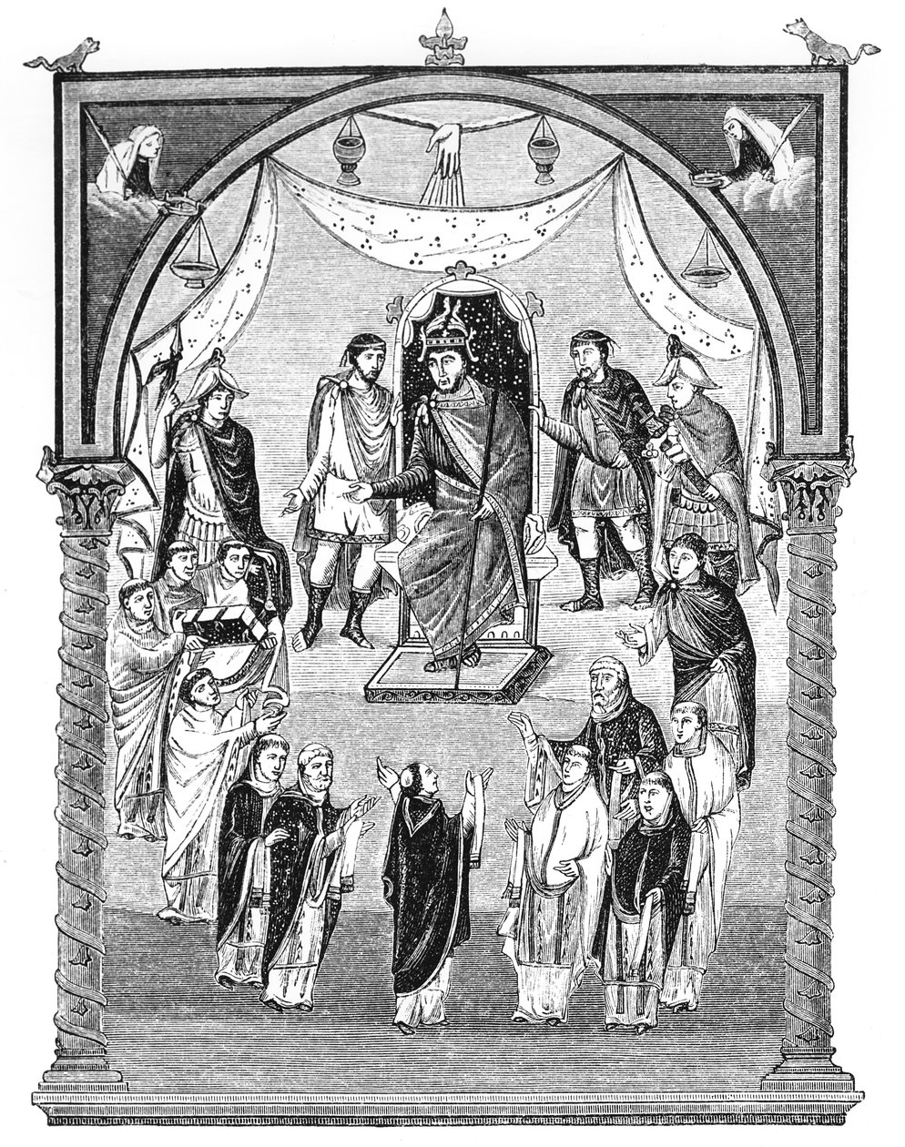 Karel de Kale, Koning van Frankrijk (823-77) op de troon, in opdracht van Abt Vivian van het klooster van St. Martin in Tours, uit de Eerste Bijbel van Karel de Kale, 843-51, illustratie door English School