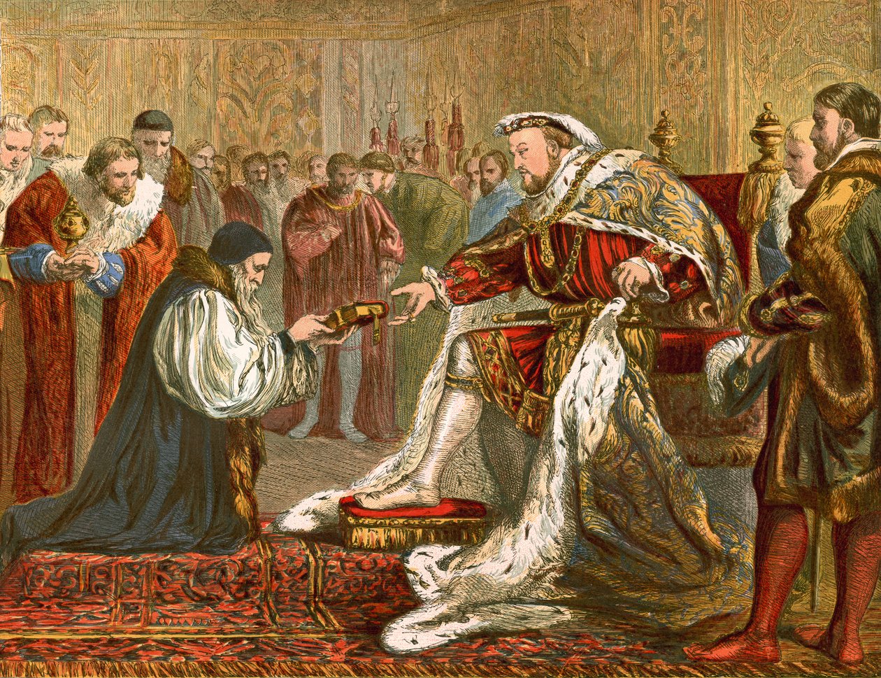 Latimer presenteert de bijbel aan Henry VIII (ingekleurde gravure) door English School