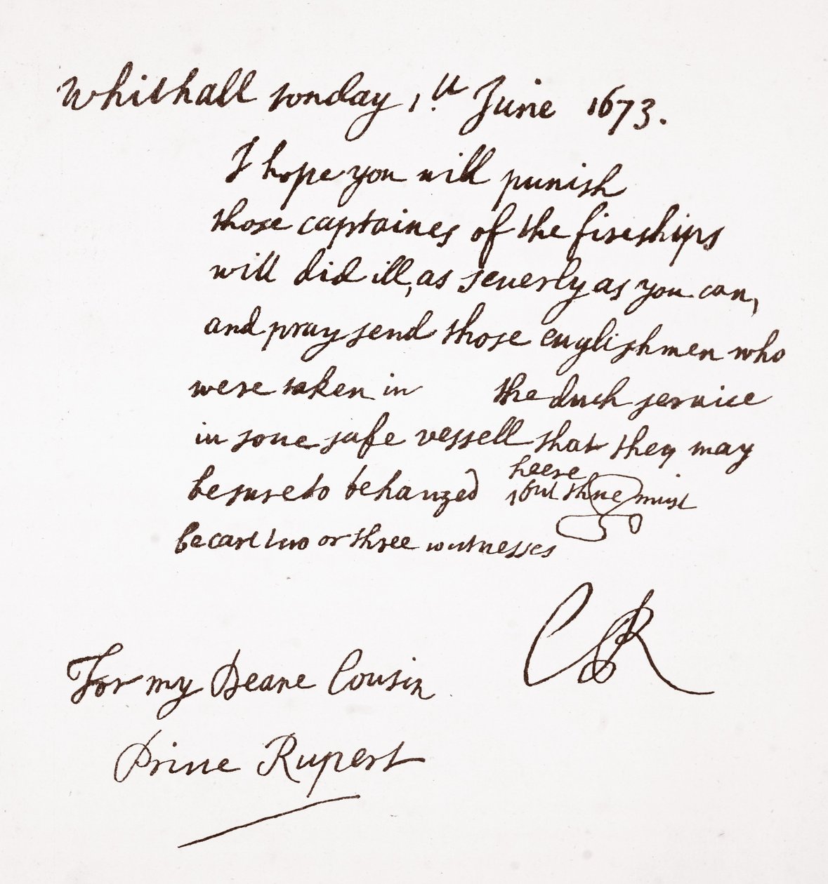 Brief van Karel II aan Prins Rupert, 1 juni 1673 door English School