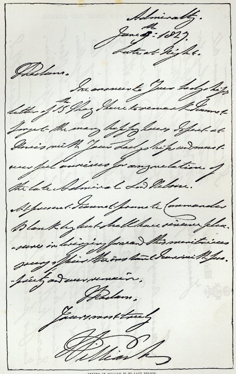 Brief van Willem IV aan Lady Nelson, 1827, gepubliceerd in 