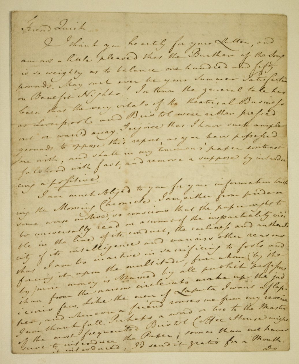 Brief van William Woodfall (1746-1803) aan de acteur John Quick (1748-1831) over de gunstige recensies van John Henderson in het Haymarket door English School