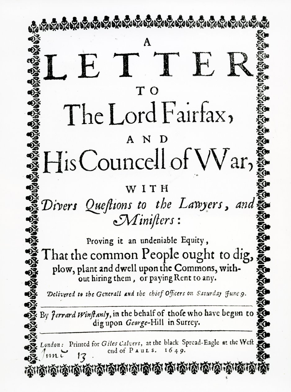 Brief aan Lord Fairfax van Gerrard Winstanley (c.1609-60) namens de Diggers op St. George Hill, Surrey, gedrukt 1649 door English School
