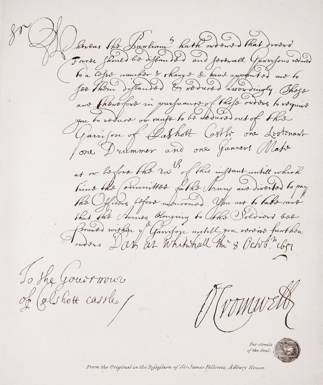 Brief aan de gouverneur van Calshott Castle van Oliver Cromwell, 1651, facsimile van het origineel in het bezit van Sir James Fellowes, Adbury House door English School